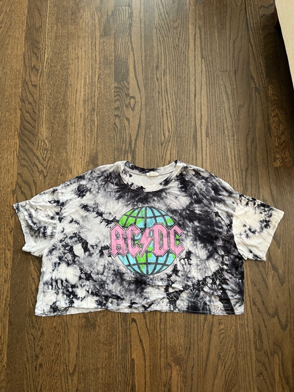 AC/DC Black Tie-Dye Cropped Tee with Pink & Green Logo